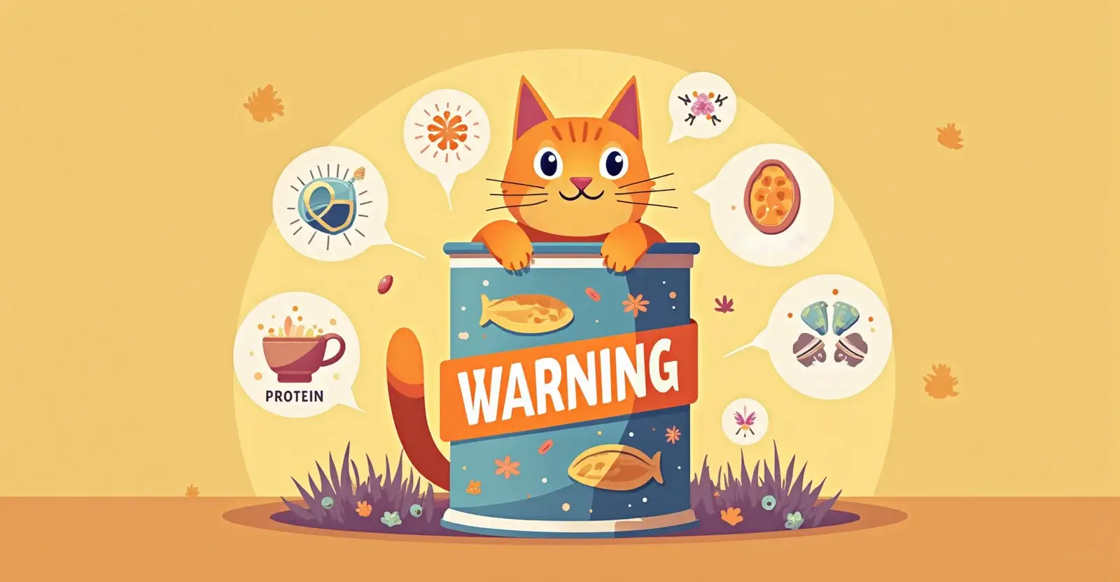 An orange cat leaning over a can with thought bubbles showing protein and nutrition-related icons around it. The can features a 'WARNING' label and fish patterns. Illustration in cartoon style on a yellow background.